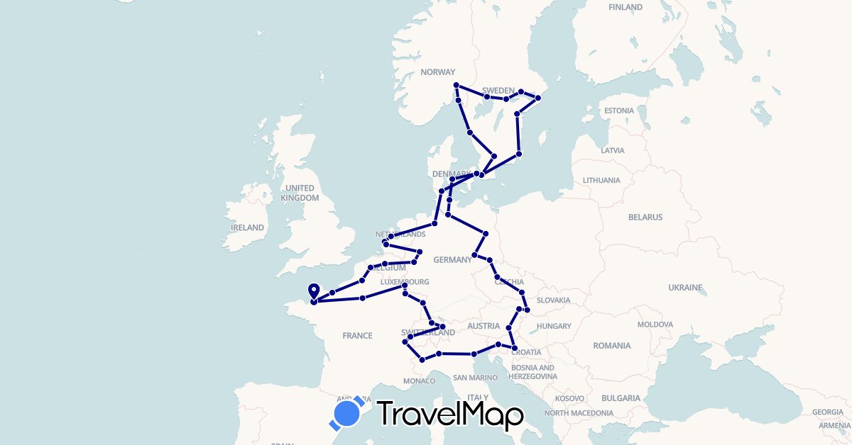 TravelMap itinerary: driving in Austria, Belgium, Switzerland, Czech Republic, Germany, Denmark, France, Croatia, Italy, Liechtenstein, Luxembourg, Netherlands, Norway, Sweden, Slovenia, Slovakia (Europe)